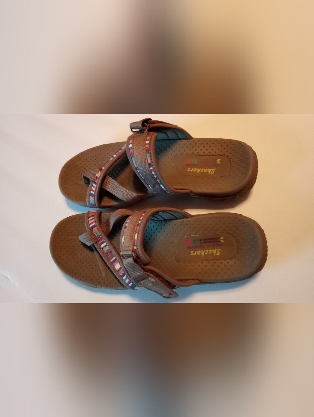 Skechers Brown Strappy Slide Sandals with Multi-Color Trim - Picture 6 of 7